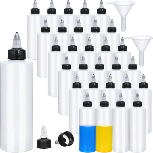 Vista 9 de Honeydak 30 botellas de plástico Boston de 8.5 onzas para salsa, dispensador de condimentos vacío con tapa giratoria y 2 embudos, ideal para salsa
