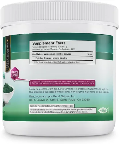 Vista 2 de Betel Natural Espirulina en polvo orgánico/espirulina de alta calidad, 8 onzas, sin rellenos, no irrigada y limpia