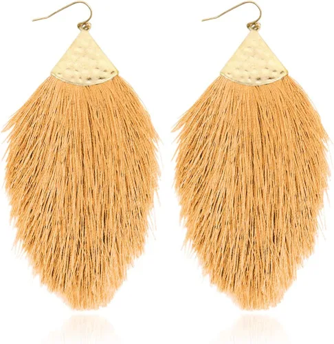 Vista 9 de Aretes bohemios de hilo sedoso con flecos y borlas – Ligeros, colgantes, con hebras y forma de pluma Fleco de plumas - Azul Aqua