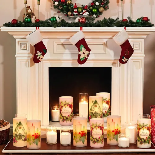 Vista 5 de Retisee 3 piezas de velas de Navidad sin llama estilo granja con control remoto, velas LED operadas a batería estilo rústico, decoración de Navidad