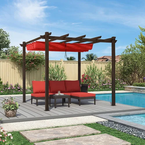 Vista 8 de PURPLE LEAF Pérgola Retráctil de 10' x 10' para Exteriores de Aluminio Blanco con Toldo de Sombra Solar para Patio Refugio Moderno Marrón