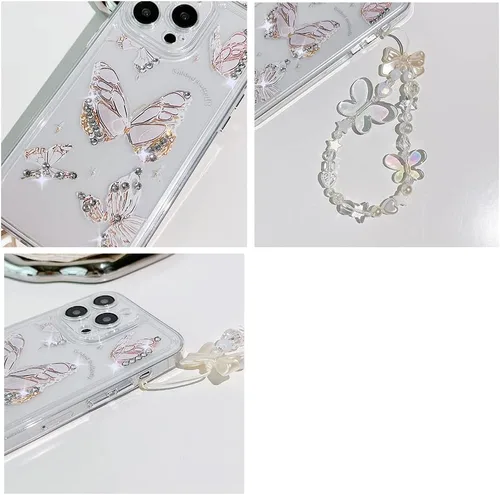 Vista 4 de Casechics Compatible con funda para iPhone, de lujo, transparente, con bonito diseño de mariposa, correa para pulsera, cadena, transparente, suave