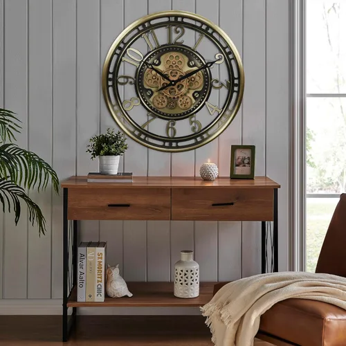 Vista 6 de CLXEAST Reloj de pared de engranajes en movimiento industrial de 21 pulgadas, reloj de pared moderno de estilo granja con números arábicos, funciona