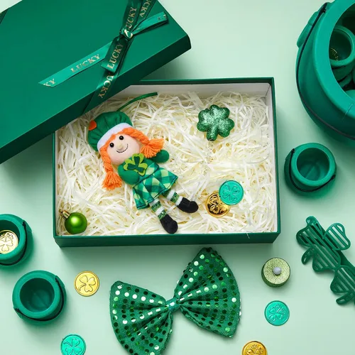 Vista 6 de Shappy 1 juego de duende de peluche para niño y niña, juguete de peluche del día de San Patricio con monedas de trébol y letra de caza del tesoro