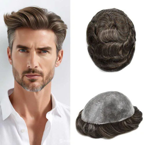 Vista 19 de Toupee para hombres Sistema de reemplazo de cabello humano real para hombres Completo PU Mens Hairpiece de aspecto natural para hombre piezas