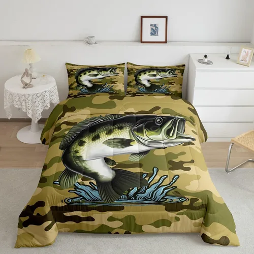 Vista 9 de Erosebridal Juego de ropa de cama de pesca tamaño individual, juego de edredón de peces coloridos para niños, adolescentes, hombres, pescadores