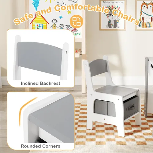 Vista 6 de HONEY JOY Mesa y sillas para niños, juego de actividades de madera 4 en 1 para niños con libreros dobles, almacenamiento, tablero desmontable