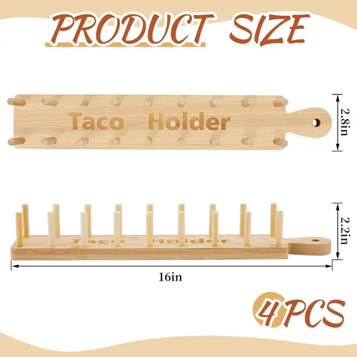 Vista 2 de Pinkunn 4 bandejas de bambú para tacos, 8 bandejas de tacos suaves o rígidos, soporte de madera para servir alimentos para tortillas, burritos