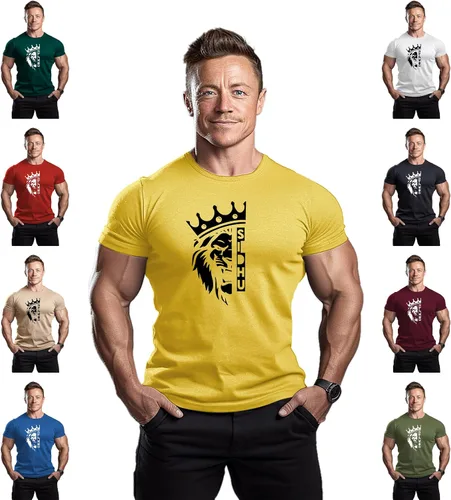Vista 3 de ReedCA Lion Sidhu - Camiseta de manga corta de algodón para hombre, camiseta atlética para gimnasio, fisicoculturismo, fitness
