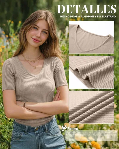 Vista 6 de Ficerd Paquete de 3 camisetas de algodón de manga corta para mujer, cuello en V, acanaladas, ajustadas, camisetas básicas casuales de verano