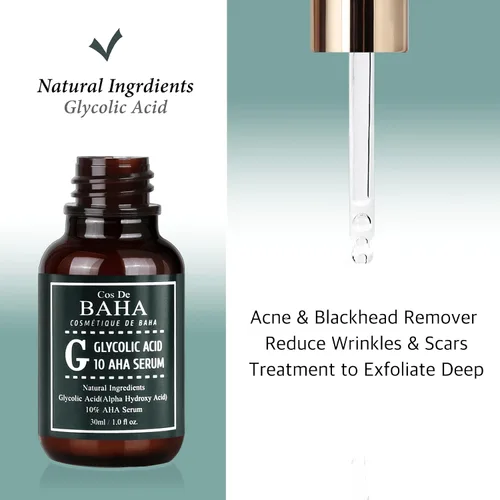 Vista 2 de Suero de ácido glicólico 10% AHA, fórmula exfoliante suave con aloe y té verde, suero facial profesional para una apariencia más suave de la piel