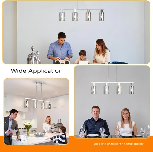 Vista 7 de Iluminación de isla de cocina de 4 luces, lámpara cromada para comedor, luz de isla para colgar sobre la mesa para candelabros lineales de granja