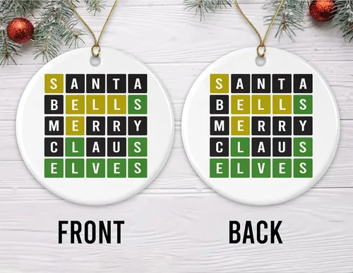 Vista 2 de Adorno de Navidad con palabras – Divertido regalo para amantes de las palabras – Santa, campanas, alegre, claus, elfos, decoración de árbol