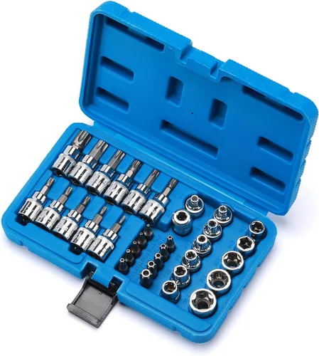 Vista 2 de CASOMAN 34 piezas de 3/8 pulgadas Torx Bit Socket y E-Torx (estrella) Juego de zócalos de acero CR-V y S2, E4-E20, T10-T60, a prueba