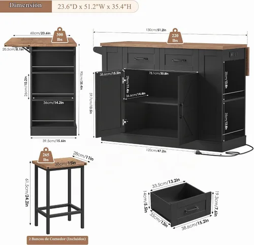 Vista 7 de Keyluv Isla de almacenamiento de cocina con 2 taburetes, carrito de cocina móvil de 51 pulgadas con hoja de caída y toma de corriente, mesa de isla