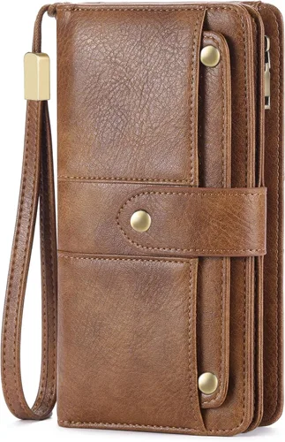 Vista 26 de FALAN MULE Cartera de cuero para mujer, de gran capacidad, bifold, con bloqueo RFID, tarjetero con bolsillo para monedas con cremallera Aa-negro.