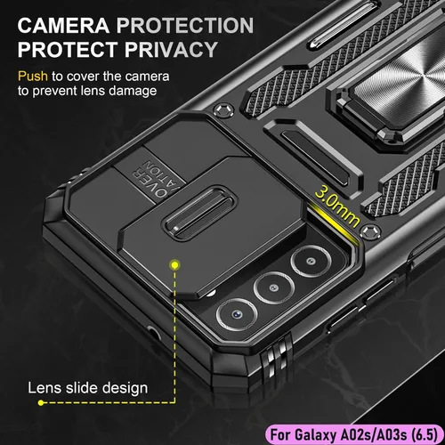 Vista 4 de Funda resistente para Samsung Galaxy A03s/A02S, protección híbrida de goma de doble capa de grado militar con protector de cámara deslizante