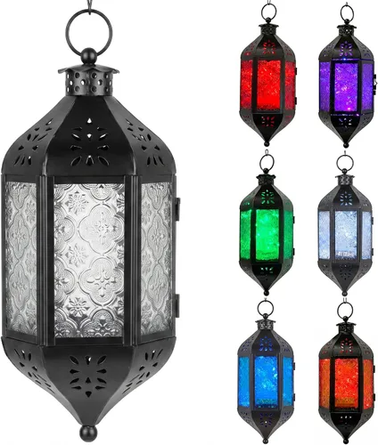 Vista 39 de Vela Lanterns Farol marroquí colgante con luces LED parpadeantes, decoración exótica decorativa de patio y porche, portavelas para interiores y Ámbar