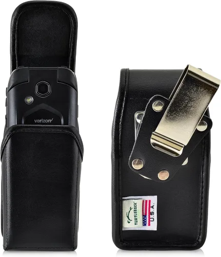 Vista 10 de Turtleback Funda ajustada para DuraXV LTE Verizon Flip Phone de cuero negro con trinquete resistente, funda de metal extraíble con clip