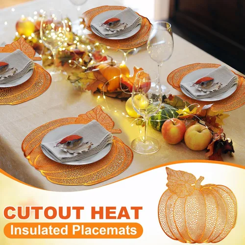 Vista 5 de Sliner Paquete de 12 manteles individuales de calabaza de Acción de Gracias de 17 x 16 pulgadas, de vinilo metálico prensado para otoño, decoración