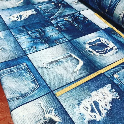Vista 3 de LushFabric Tela de mezclilla con efecto de jeans para decoración de interiores, cortinas, material de algodón con retazos de mezclilla azul, lona