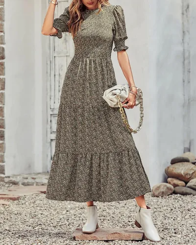 Vista 114 de BTFBM Vestidos para mujer, cuello redondo, casual, de verano, con volantes, manga corta, bohemio, con niveles, fruncido, largo, con estampado floral