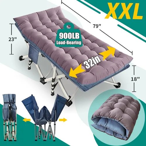 Vista 3 de Catre de camping XXL con colchón sobredimensionado de 32" de ancho, catre plegable resistente, catres cómodos para dormir, cama para invitados