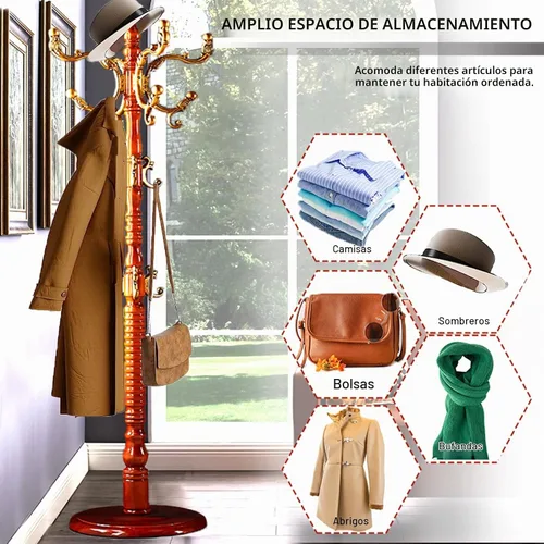 Vista 4 de Percheros independientes con 14 ganchos, soportes de madera natural para entrada, altura ajustable de 73 pulgadas, perchero de árbol para pasillo
