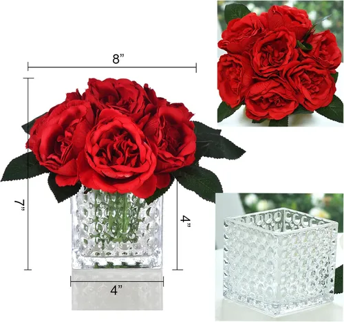 Vista 2 de Ramo de Peonías de Seda Artificial con Centro de Mesa Floral Artificial en Florero de Vidrio para Decoración de Boda en el Hogar (Rojo)