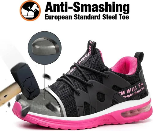 Vista 2 de Kezhiho Zapatos de punta de acero para mujer, con amortiguación de aire, ligeros, cómodos, transpirables, a prueba de pinchazos, antideslizantes