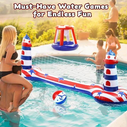 Vista 4 de EagleStone Juego de flotador inflable para piscina con red de voleibol y aro de baloncesto, juegos acuáticos flotantes 2 en 1 para niños y adultos