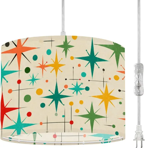 Vista 7 de Boho Plug in Pendant Light Mid Century Modern Art Abstract Geometric Seamless 16.4ft Plug in Cord Dimmable Hanging Lamp Fabric Lamp Shade Pendant