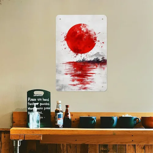 Vista 6 de Letrero abstracto de metal con atardecer japonés con sol rojo, decoración de pared, letrero retro para el hogar, sala de estar, dormitorio Abstracto