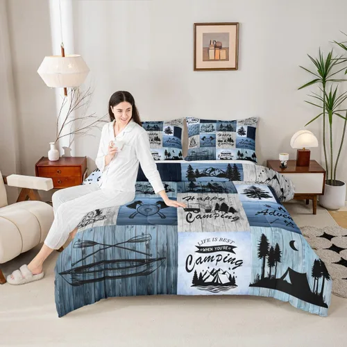 Vista 32 de Juego de ropa de cama con temática de cámper, juego de edredón de cabaña de madera marrón y verde, tamaño matrimonial, 3 piezas, decoración de Multi
