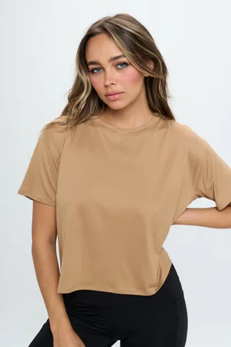 Vista 2 de Knit Riot Camiseta corta para mujer, manga corta, suave, con cuello redondo, casual, activa, para yoga, correr, camiseta recortada