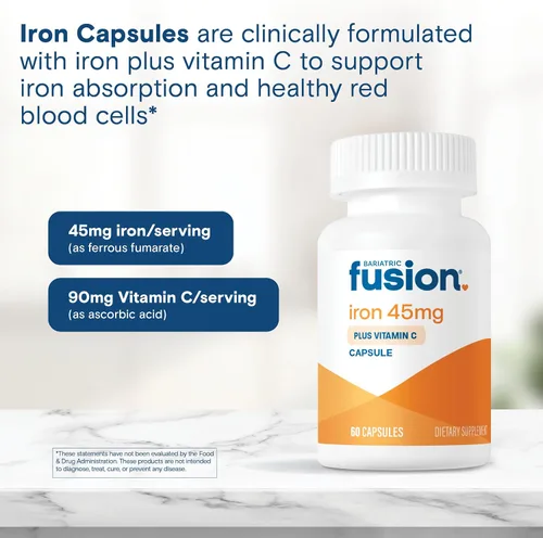 Vista 5 de Bariatric Fusion Suplemento de hierro de 45 mg con vitamina C 1 por día Vitaminas para mujeres y hombres Sin gluten, lácteos y soja Sin OMG