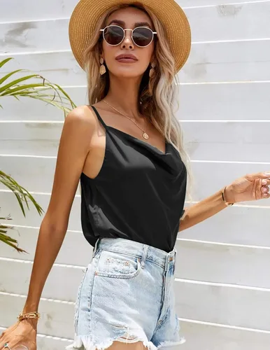 Vista 5 de Ekouaer Camiseta sin mangas de satén con cuello vuelto para mujer, camisola sedosa suelta sin mangas, blusa básica de satén para mujer
