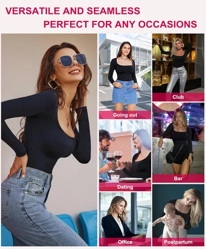 Vista 4 de Gotoly Body de manga larga para mujer, con control de abdomen, cuello cuadrado, básico, sin costuras, faja colombiana, moldeador de cuerpo
