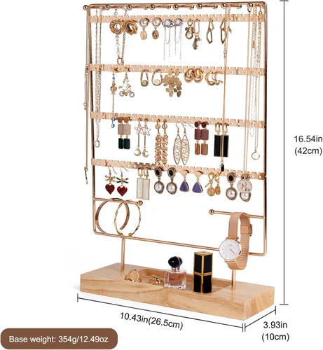 Vista 6 de Lolalet Soporte organizador de aretes para regalos del día de San Valentín, organizador de joyas de 6 niveles con bandeja de madera, estante