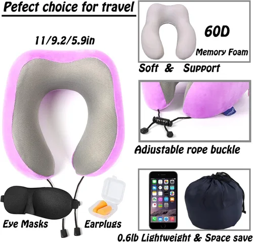 Vista 2 de Almohada de viaje, almohada cervical para dormir durante el viaje, hecha al 100 % de espuma viscoelástica pura, almohada suave, cómoda y de apoyo