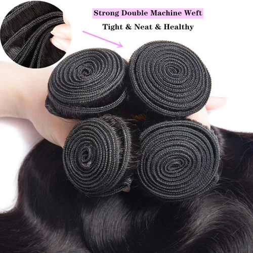 Vista 4 de Mechones de cabello suelto con ondas profundas peruanas con cierre, (16"18"20"+14Cierre) Extensiones de cabello peruano virgen 8A con mechones