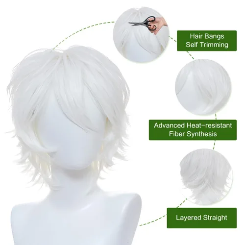 Vista 5 de Kavsni Peluca de pelo corto y recto unisex para cosplay, para mujeres y hombres, a la moda, anime, fiesta, estilo elegante, sintético, pelucas