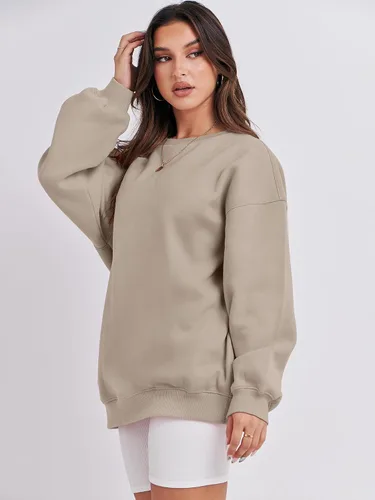 Vista 4 de Caracilia Sudaderas con capucha de forro polar de gran tamaño para mujer, cuello redondo, manga larga, suéter de moda de otoño 2024