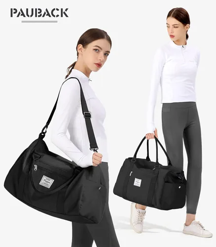 Vista 2 de Bolsa de gimnasio para mujeres y hombres, bolsa de viaje deportiva con compartimento para zapatos y bolsillo húmedo, A-Negro