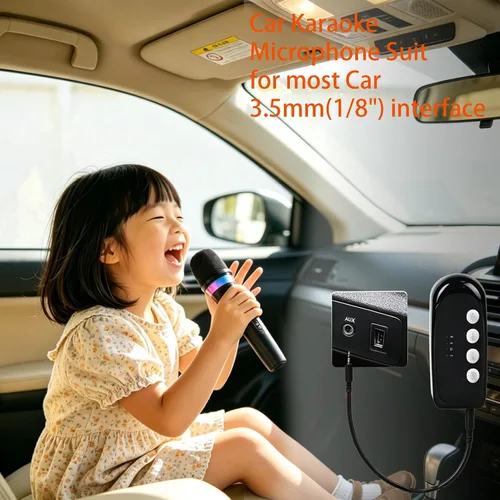 Vista 2 de Micrófono de karaoke para automóvil, micrófono dinámico recargable de mano dual con receptor auxiliar de entrada y salida de 0.138 in, micrófono