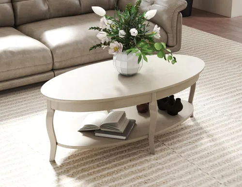 Vista 3 de Mesa auxiliar ovalada de 47 pulgadas, mesa auxiliar de 2 niveles con estante de almacenamiento, mesa central de madera maciza para sala de estar