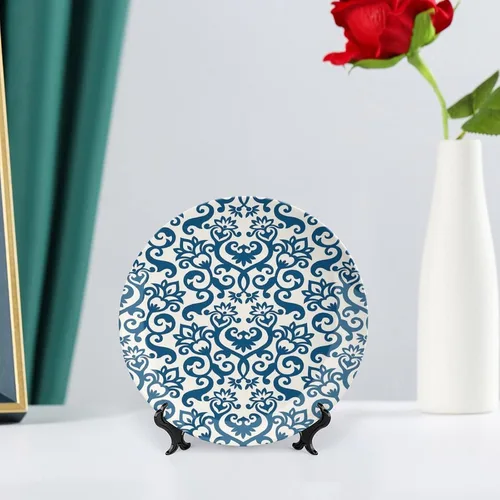 Vista 6 de XISUNYA Plato decorativo de 6 pulgadas, cerámica abstracta, flores ornamentales florales antiguas de damasco, azulejos curvos, impresión artística
