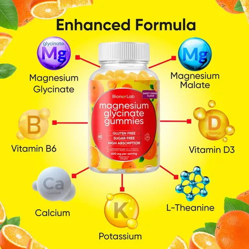 Vista 3 de Gomitas masticables de glicinato de magnesio (600 mg) para niños y adultos, mujeres y hombres, complejo vegano con calcio y potasio, vitamina D, B6