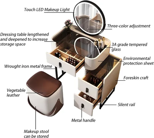 Vista 5 de Vanity Desk with Mirror and Drawers, White Vanity with Mirror, Wooden Makeup Desk for Bedroom Dressing Room, with Adjustable Brightness Mirror,Dark