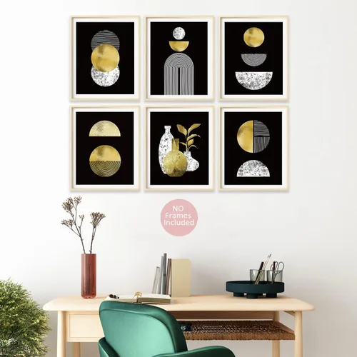 Vista 4 de MTL HOE Juego de 6 impresiones artísticas bohemias doradas y negras para pared (8 x 10), decoración artística de pared brillante, impresiones